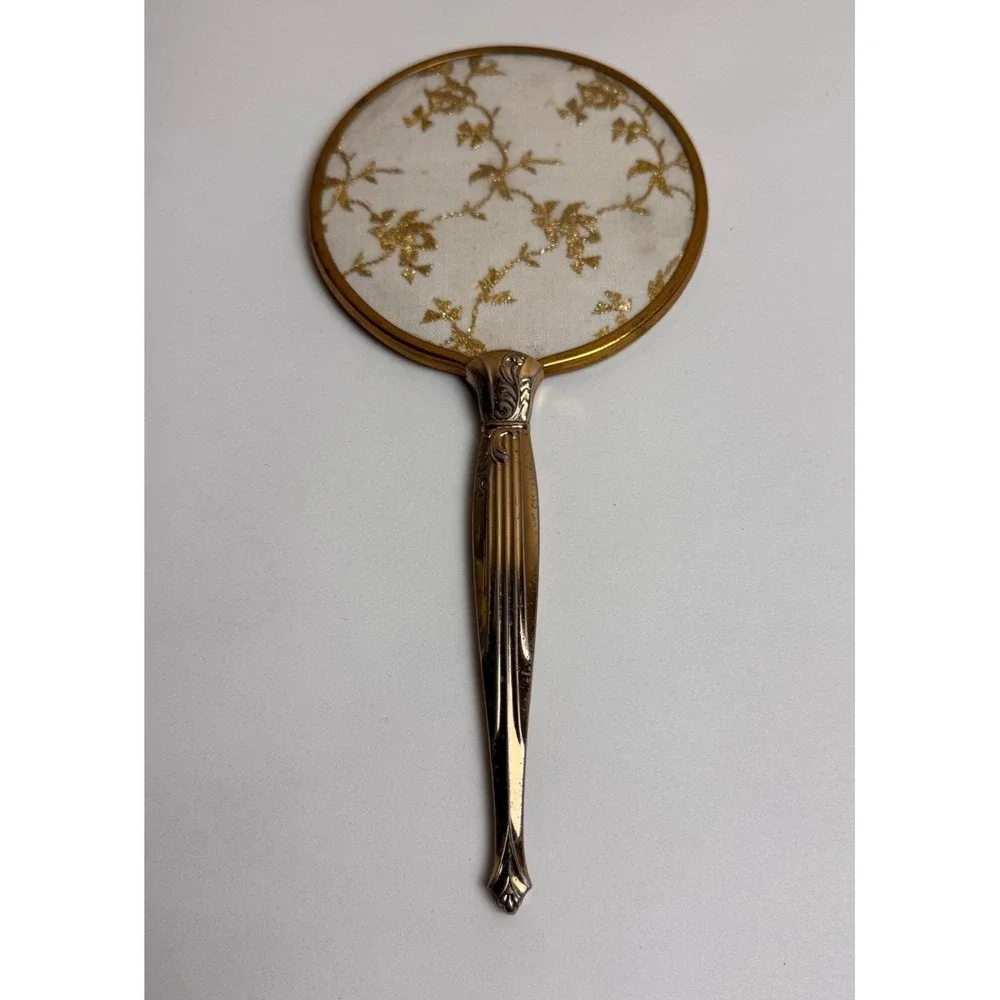 Vintage Gold Embroidered Floral Hand Mirror Vanity Dresser Decorative 11 In